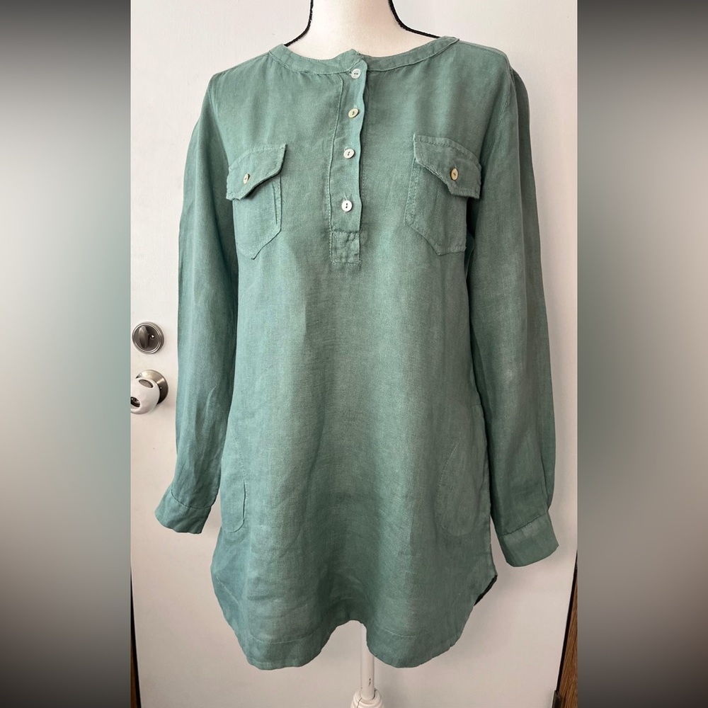 Green dark sage Button-Up Tunic Top linen size S